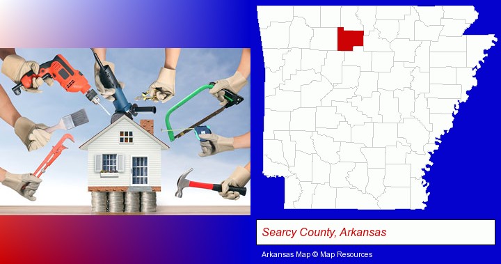 home improvement concepts and tools; Searcy County, Arkansas highlighted in red on a map