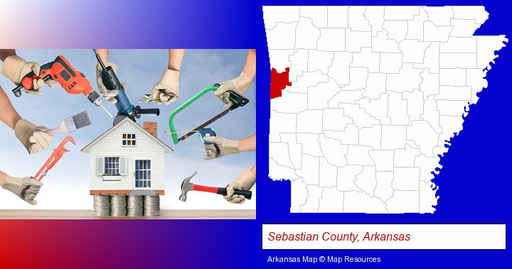 home improvement concepts and tools; Sebastian County, Arkansas highlighted in red on a map