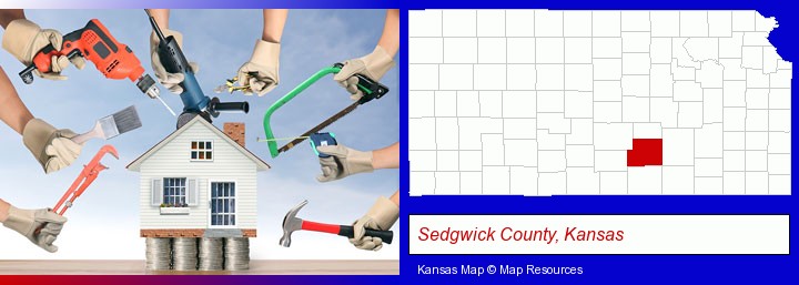 home improvement concepts and tools; Sedgwick County, Kansas highlighted in red on a map