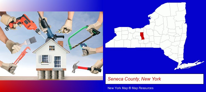 home improvement concepts and tools; Seneca County, New York highlighted in red on a map