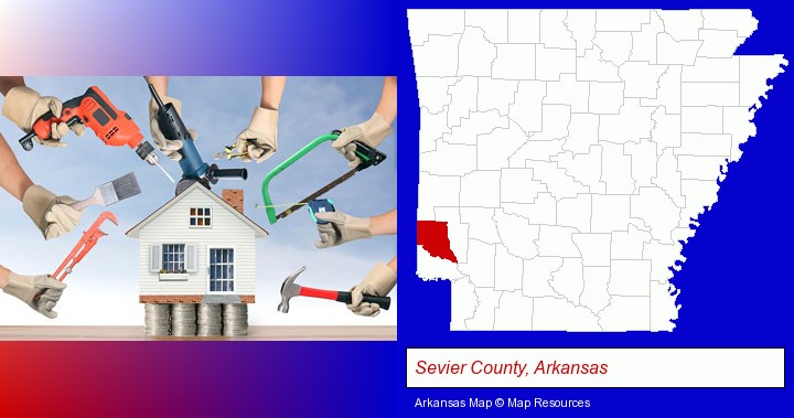 home improvement concepts and tools; Sevier County, Arkansas highlighted in red on a map