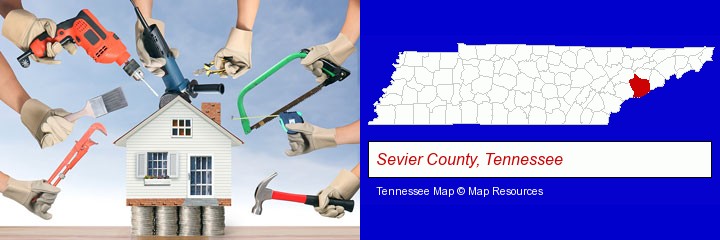 home improvement concepts and tools; Sevier County, Tennessee highlighted in red on a map