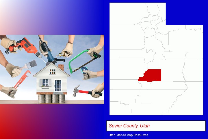 home improvement concepts and tools; Sevier County, Utah highlighted in red on a map