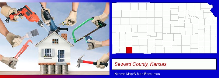 home improvement concepts and tools; Seward County, Kansas highlighted in red on a map