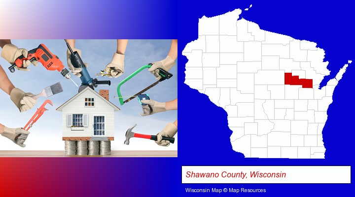 home improvement concepts and tools; Shawano County, Wisconsin highlighted in red on a map