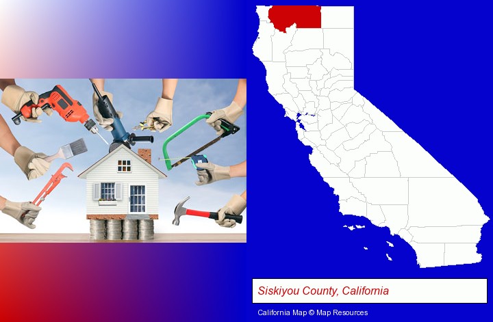 home improvement concepts and tools; Siskiyou County, California highlighted in red on a map