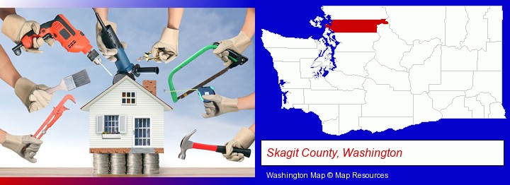 home improvement concepts and tools; Skagit County, Washington highlighted in red on a map