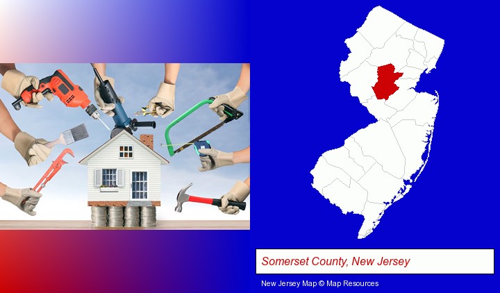 home improvement concepts and tools; Somerset County, New Jersey highlighted in red on a map
