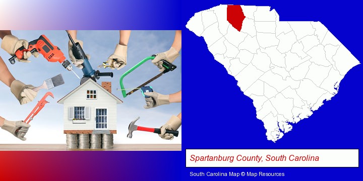 home improvement concepts and tools; Spartanburg County, South Carolina highlighted in red on a map