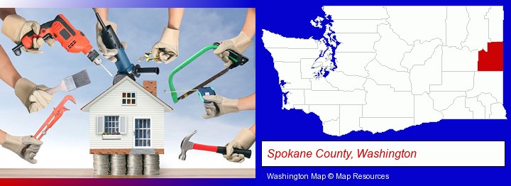 home improvement concepts and tools; Spokane County, Washington highlighted in red on a map