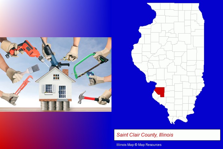 home improvement concepts and tools; Saint Clair County, Illinois highlighted in red on a map