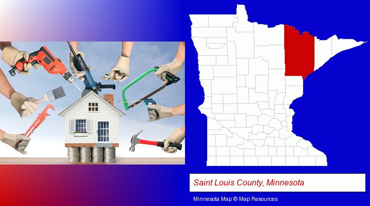 home improvement concepts and tools; Saint Louis County, Minnesota highlighted in red on a map