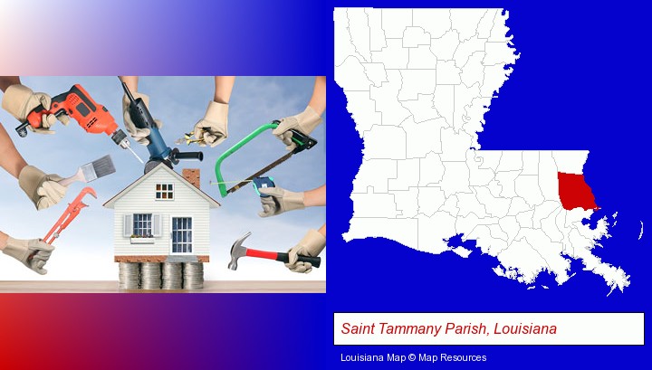 home improvement concepts and tools; Saint Tammany Parish, Louisiana highlighted in red on a map