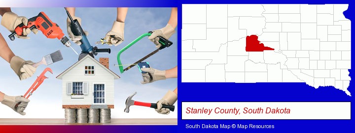 home improvement concepts and tools; Stanley County, South Dakota highlighted in red on a map