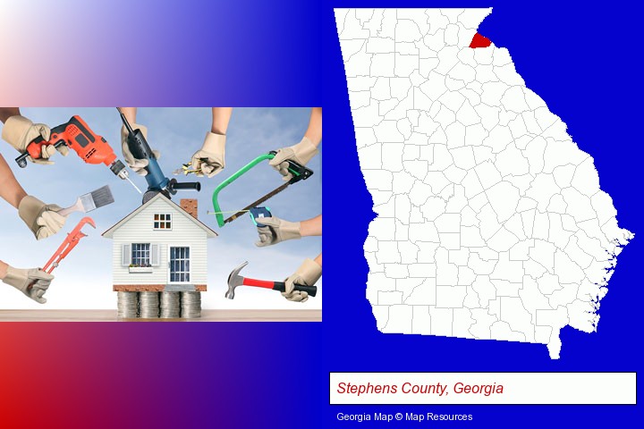 home improvement concepts and tools; Stephens County, Georgia highlighted in red on a map