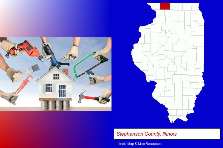 home improvement concepts and tools; Stephenson County, Illinois highlighted in red on a map