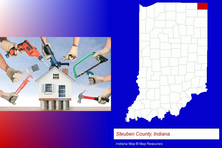 home improvement concepts and tools; Steuben County, Indiana highlighted in red on a map