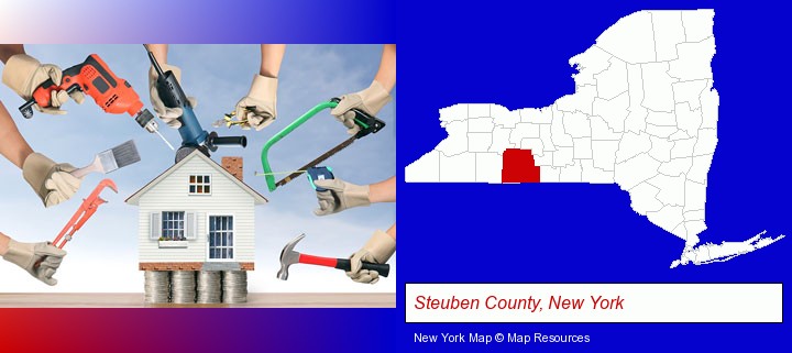 home improvement concepts and tools; Steuben County, New York highlighted in red on a map
