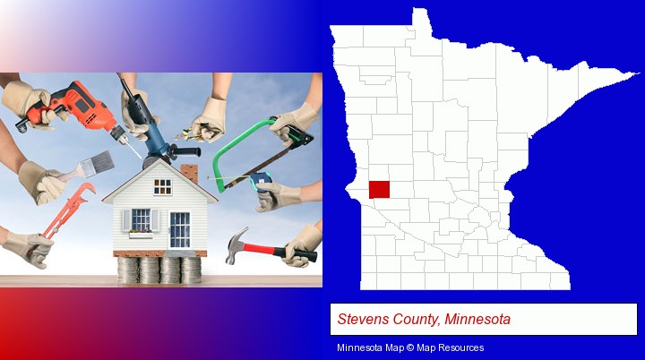home improvement concepts and tools; Stevens County, Minnesota highlighted in red on a map