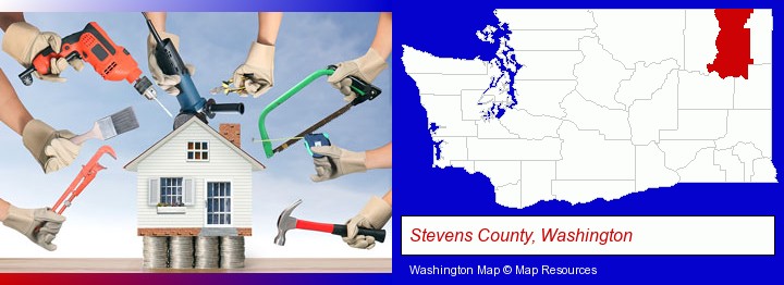 home improvement concepts and tools; Stevens County, Washington highlighted in red on a map