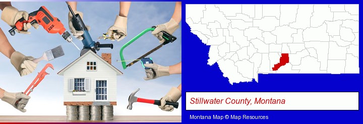 home improvement concepts and tools; Stillwater County, Montana highlighted in red on a map
