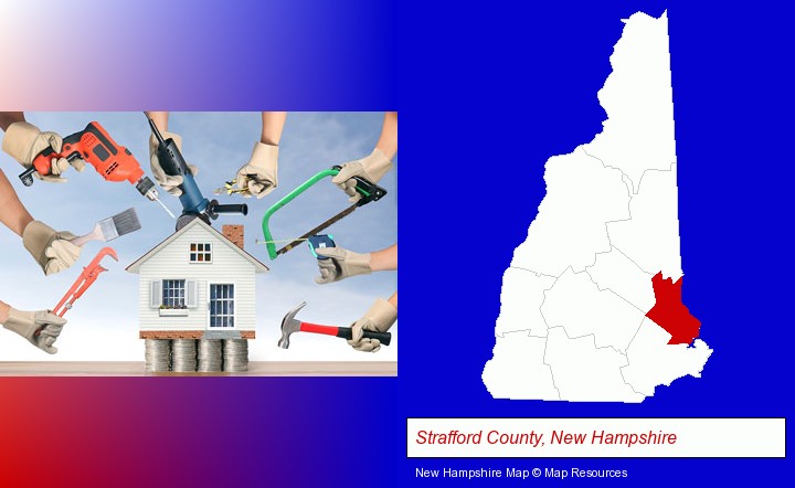 home improvement concepts and tools; Strafford County, New Hampshire highlighted in red on a map