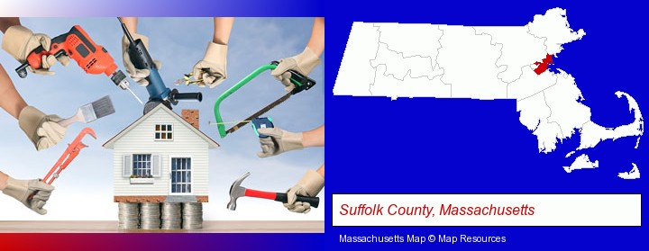 home improvement concepts and tools; Suffolk County, Massachusetts highlighted in red on a map