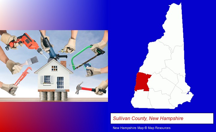 home improvement concepts and tools; Sullivan County, New Hampshire highlighted in red on a map