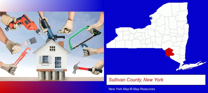 home improvement concepts and tools; Sullivan County, New York highlighted in red on a map