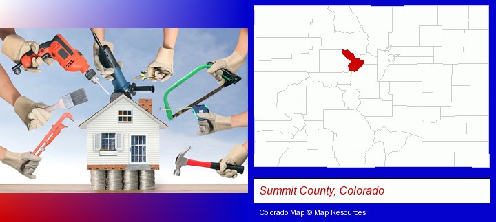 home improvement concepts and tools; Summit County, Colorado highlighted in red on a map
