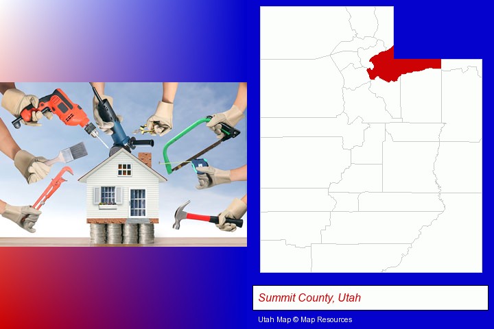 home improvement concepts and tools; Summit County, Utah highlighted in red on a map