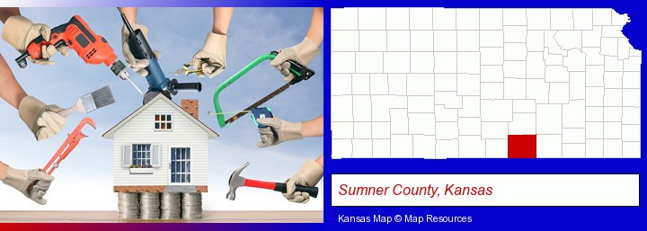 home improvement concepts and tools; Sumner County, Kansas highlighted in red on a map