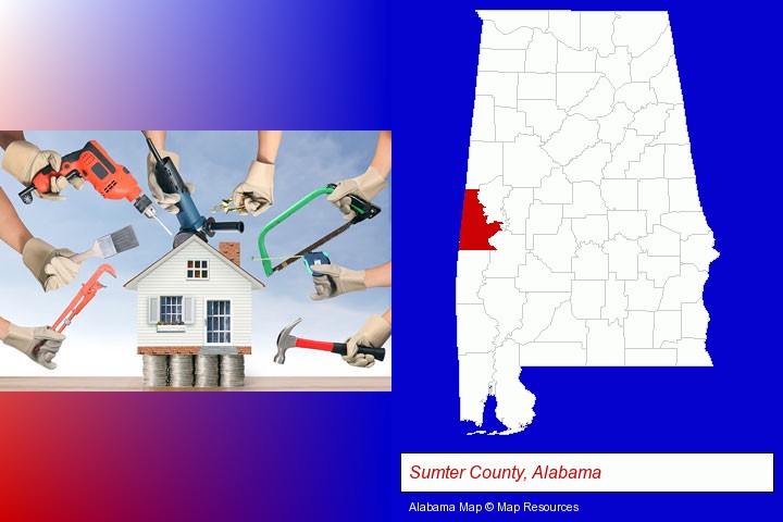 home improvement concepts and tools; Sumter County, Alabama highlighted in red on a map