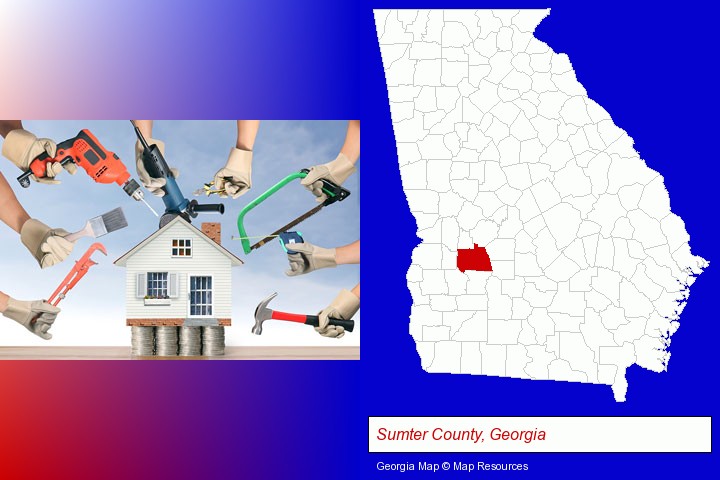 home improvement concepts and tools; Sumter County, Georgia highlighted in red on a map