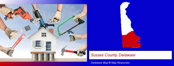 home improvement concepts and tools; Sussex County, Delaware highlighted in red on a map