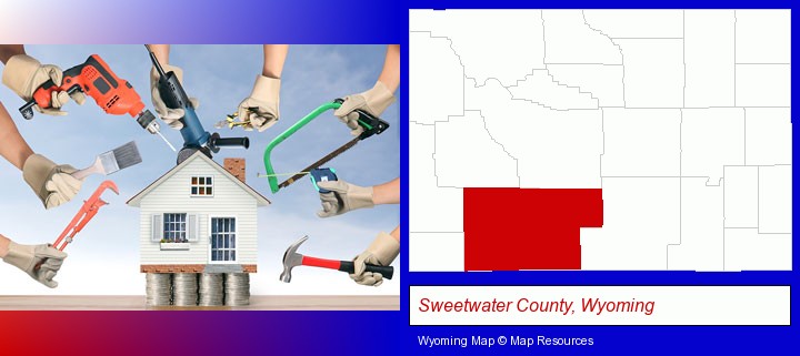 home improvement concepts and tools; Sweetwater County, Wyoming highlighted in red on a map