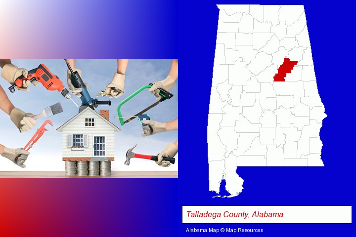 home improvement concepts and tools; Talladega County, Alabama highlighted in red on a map