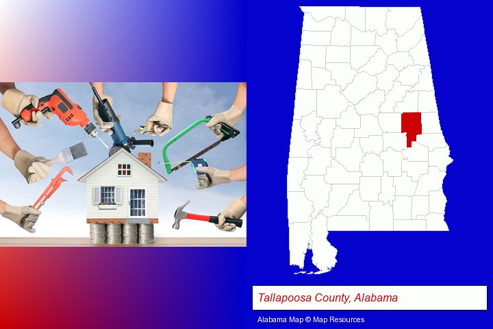 home improvement concepts and tools; Tallapoosa County, Alabama highlighted in red on a map