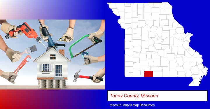 home improvement concepts and tools; Taney County, Missouri highlighted in red on a map