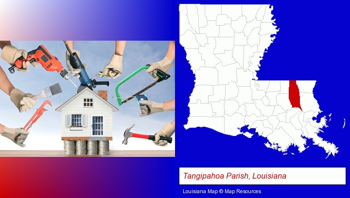 home improvement concepts and tools; Tangipahoa Parish, Louisiana highlighted in red on a map