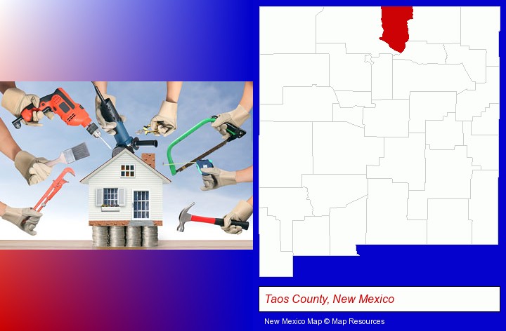 home improvement concepts and tools; Taos County, New Mexico highlighted in red on a map