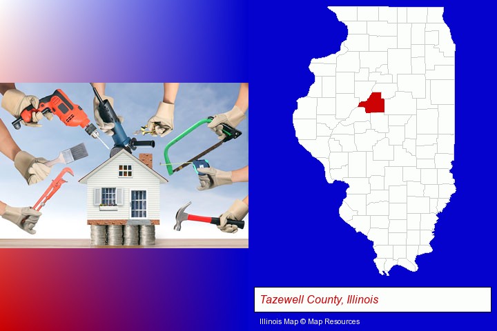 home improvement concepts and tools; Tazewell County, Illinois highlighted in red on a map