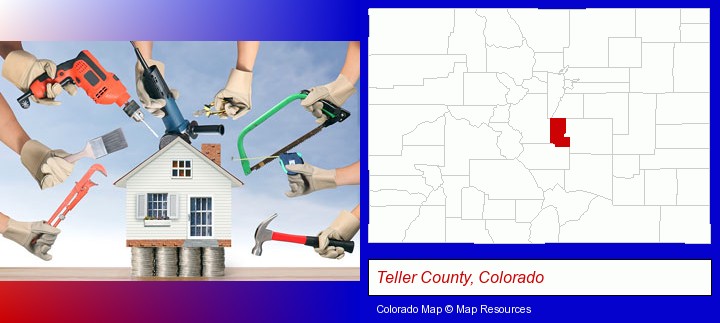 home improvement concepts and tools; Teller County, Colorado highlighted in red on a map