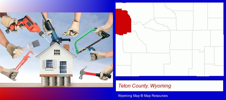 home improvement concepts and tools; Teton County, Wyoming highlighted in red on a map