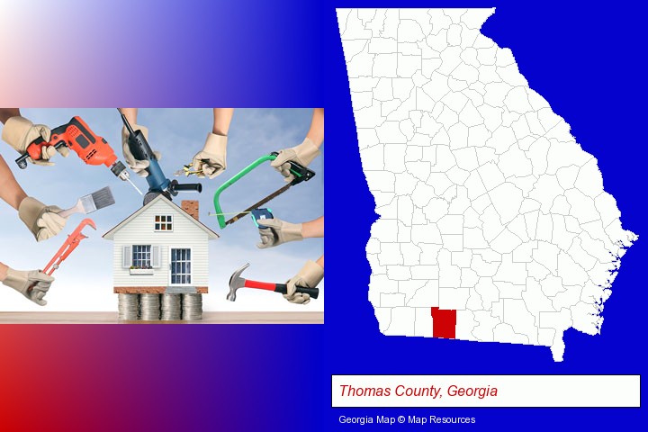 home improvement concepts and tools; Thomas County, Georgia highlighted in red on a map