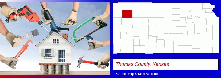 home improvement concepts and tools; Thomas County, Kansas highlighted in red on a map