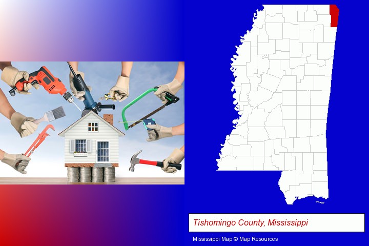 home improvement concepts and tools; Tishomingo County, Mississippi highlighted in red on a map