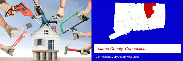 home improvement concepts and tools; Tolland County, Connecticut highlighted in red on a map