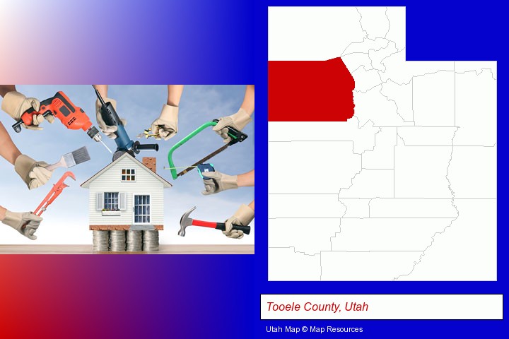 home improvement concepts and tools; Tooele County, Utah highlighted in red on a map