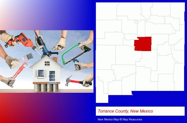 home improvement concepts and tools; Torrance County, New Mexico highlighted in red on a map